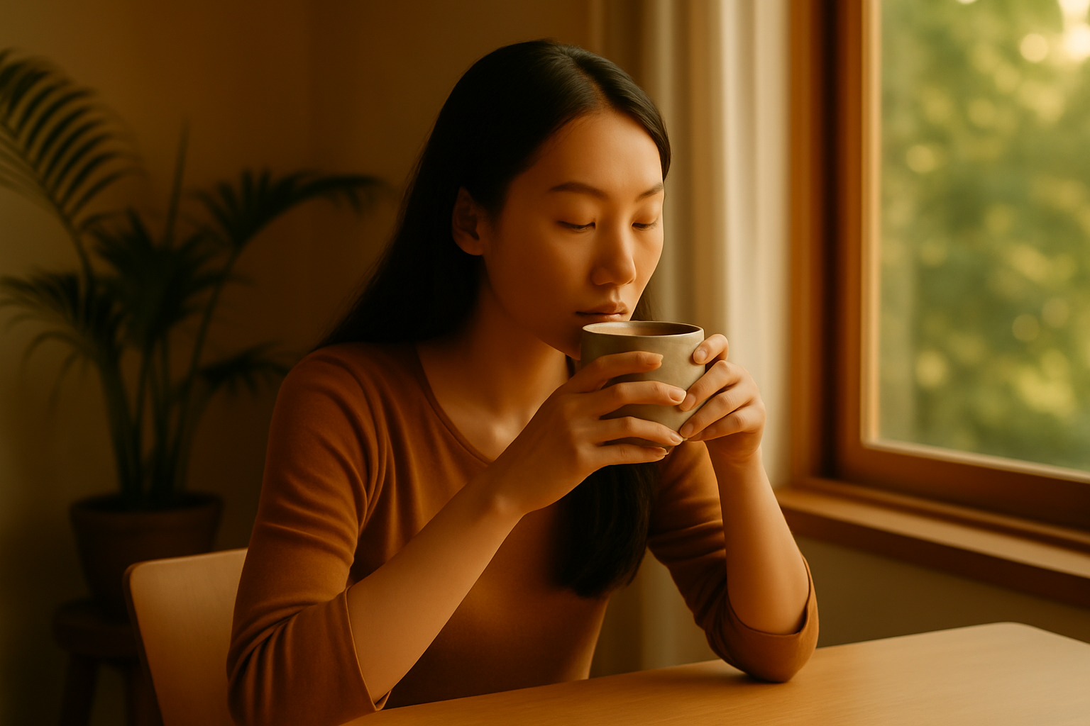 Femme asiatique assise près d’une fenêtre, tenant une tasse de thé et prenant un moment de pause dans un intérieur zen et lumineux.