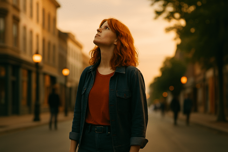 Femme rousse marchant en ville au coucher du soleil, arrêtée un instant pour observer le ciel.