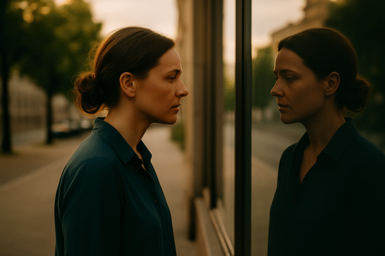Femme observant son reflet dans une vitre, plongée dans ses pensées, en fin d’après-midi.