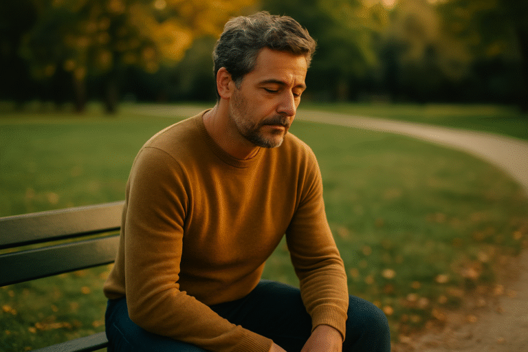 Homme assis dans un parc en fin d’après-midi, l’air calme mais visiblement ralenti, dans un moment d’introspection douce.