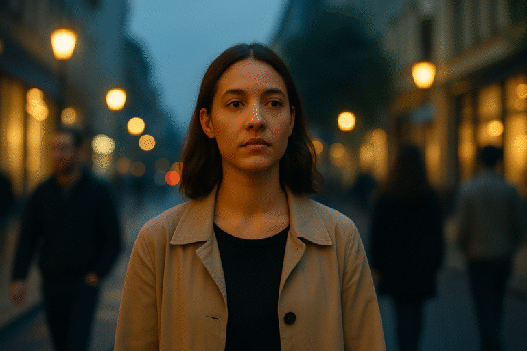 Jeune femme marchant en ville au crépuscule, nette au centre tandis que les silhouettes autour d’elle sont floues, exprimant un sentiment de décalage intérieur.
